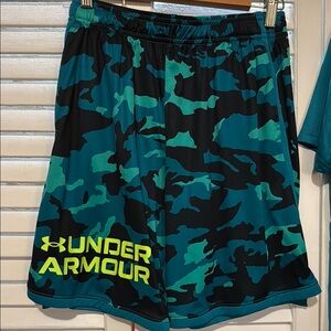 Under Armour Green and Black Athletic Shorts with Geometric Camo